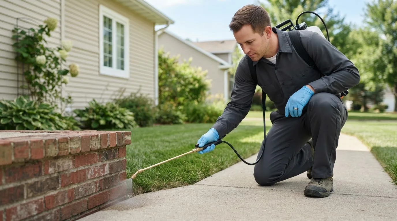 Pest control technician treating a home near Hydetown, PA