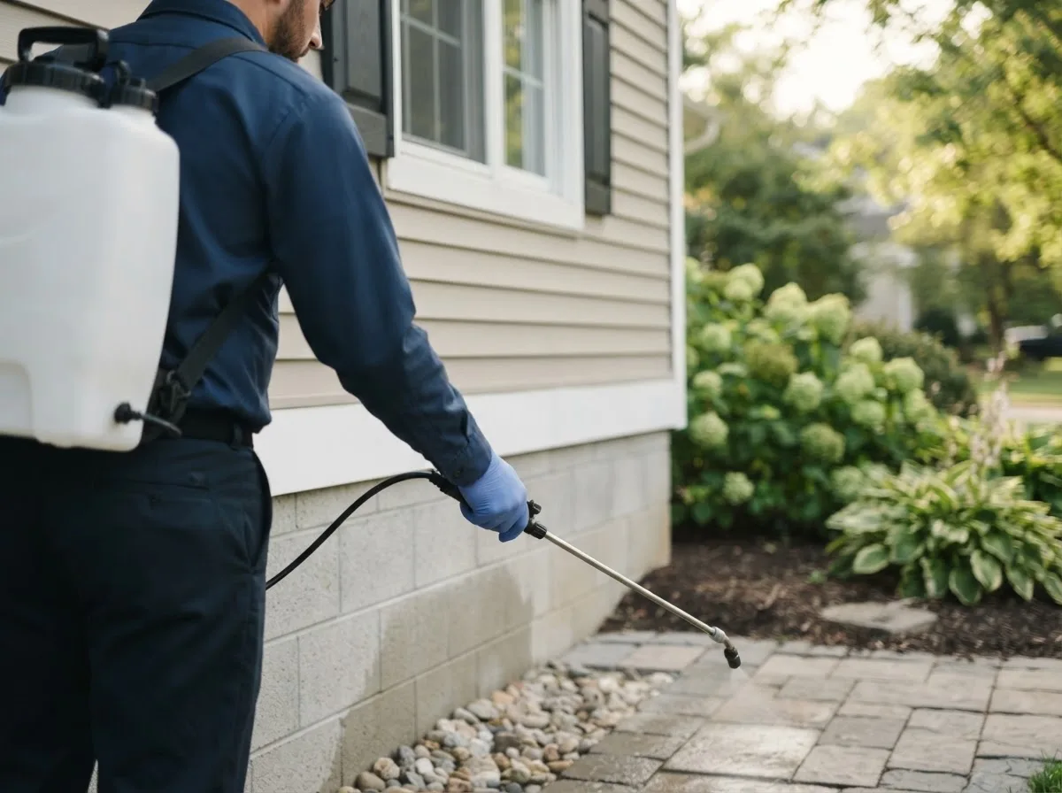 Pest control technician inspecting a home in Hydetown, PA